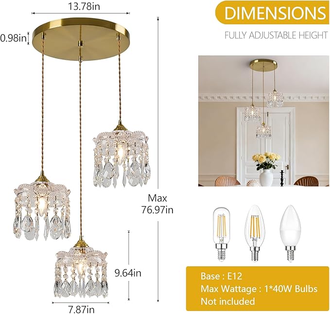 3-Light Brass Vintage Glass Pendant, Crystal Pendant Light, Adjustable Height Lighting for Kitchen Island, Dining Room, Farmhouse, Living Room (Round Chassis)