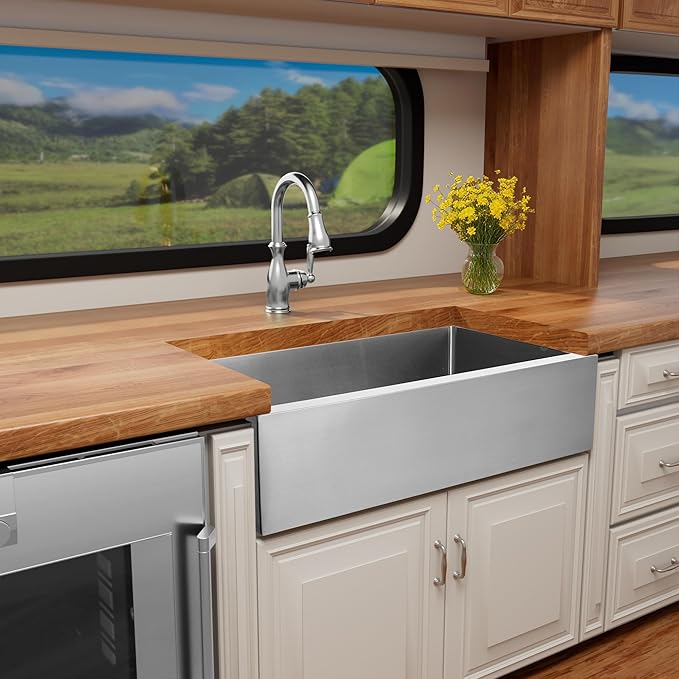 27-Inch Farmhouse Rv Sink, 16 Gauge Stainless Steel Farm Sink, Undermount Single Bowl, Brushed Finish, Deep Basin with Accessories (Stainless Steel, 27" x 16" x 7")