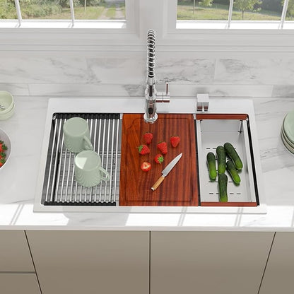33 Inch Drop In Kitchen Sink Workstation - Beslend 16 Gauge T304 stainless Steel Drop In Sink 33x22 Single Bowl Top Mount Over Counter Handmade Kitchen Basin 33x22x10 Inch