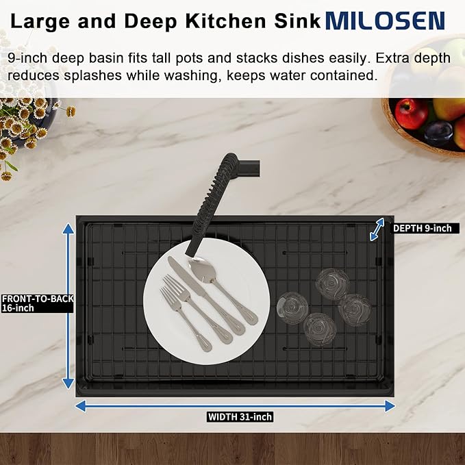 MILOSEN Black Undermount Kitchen Sink, 32x18 Inch T304 Black Stainless Steel Workstation Sink, 9 Inch Deep Single Bowl Kitchen Sink with Bottom Grid and Strainer, Modern Large Kitchen Sink