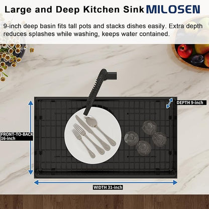 MILOSEN Black Undermount Kitchen Sink, 32x18 Inch T304 Black Stainless Steel Workstation Sink, 9 Inch Deep Single Bowl Kitchen Sink with Bottom Grid and Strainer, Modern Large Kitchen Sink