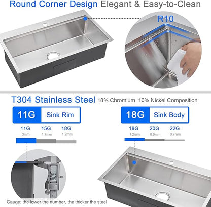 MENATT 32 Inch Drop In Kitchen Workstation Sink, 18 Gauge Stainless Steel Single Bowl Single Faucet Hole Topmount Kitchen Sink with Integrated Ledge (Bruhsed),32"x18"x9"