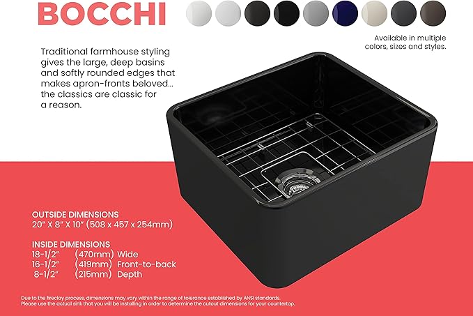 BOCCHI Classico Farmhouse Apron Front Fireclay 20 in. Single Bowl Kitchen Sink with Protective Bottom Grid and Strainer in Black