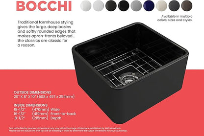 BOCCHI Classico Farmhouse Apron Front Fireclay 20 in. Single Bowl Kitchen Sink with Protective Bottom Grid and Strainer in Black