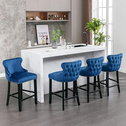 Rhomtree Elegant Button Tufted Upholstered Fabric Bar Stools with Nailhead Trim, Dining Side Chair, Leisure Padded Chairs with Solid Wooden Legs Home Kitchen Island Wooden Bar Chairs (Blue, Set of 2)