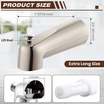 Dreyoo 7 Inch Tub Spout (Universal Fits 1/2" Copper Pipe, 1/2" IPS and 3/4" IPS), Bathroom Bathtub Faucet with Adapters and Hex Wrench(Brushed Nickel,With Diverter)