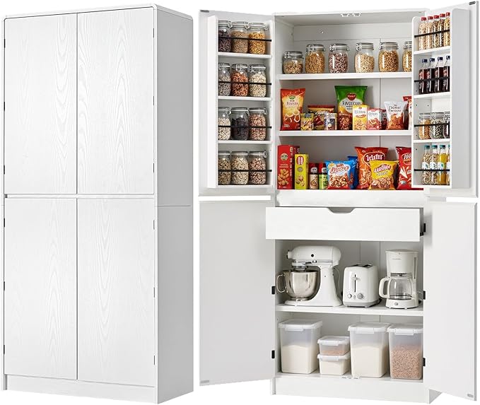 Amposei 72’’ Tall Kitchen Pantry Cabinet with Drawer & Adjustable Shelves, Modern Cupboard Storage Cabinet for Living Utility Room, White