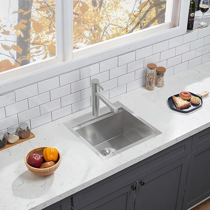 HOTIS 18 X 18 Inch Drop In Bar Sink, Stainless Steel Small Kitchen Sink, Top Mount Deep Workstation Single Bowl, Outdoor Camper Rv Laundry Wet Bar Prep Sinks With Grid & Drain & Cutting Board