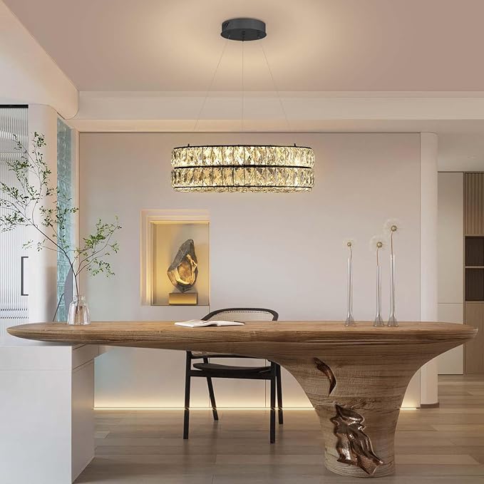 Modern Dimmable Led Crystal Ring Chandelier Adjustable Ring Pendant Light for Living Room Dining Room 15.7inch Black