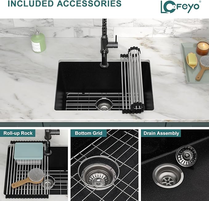 24x18 Inch Undermount Laundry Sink, Black Granite Composite Quartz Sink, 12 Inch Deep Single Bowl Utility Sink, Non-Porous, Scratch Resistant, Easy to Clean, Modern Sink for Laundry Room