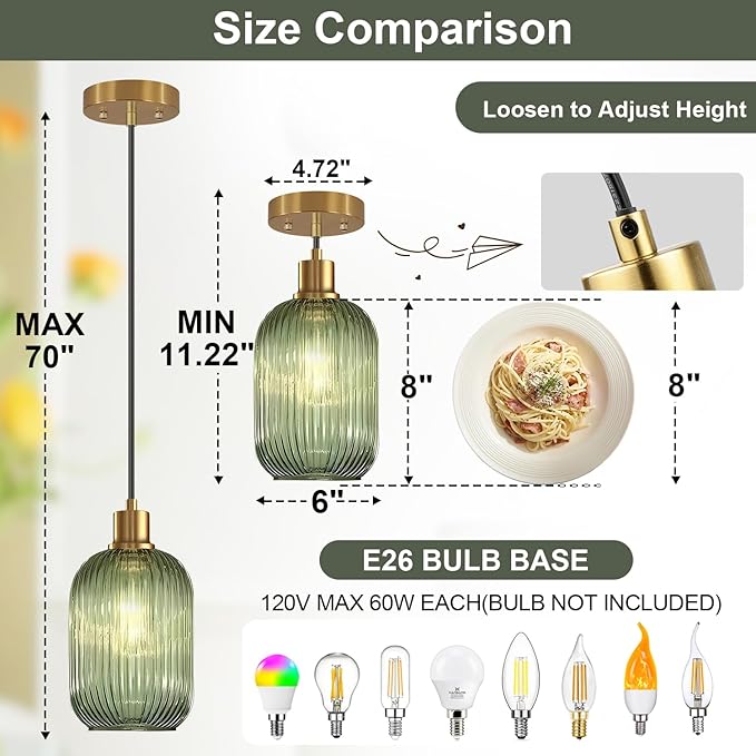 2 Pack Pendant Lights with Vintage Green Ribbed Glass Lampshade, Adjustable Brushed Gold Pendant Lights Fixtures for Kitchen Island Lighting Sink, Dining & Living Room Hallway (Bulbs Not Included)