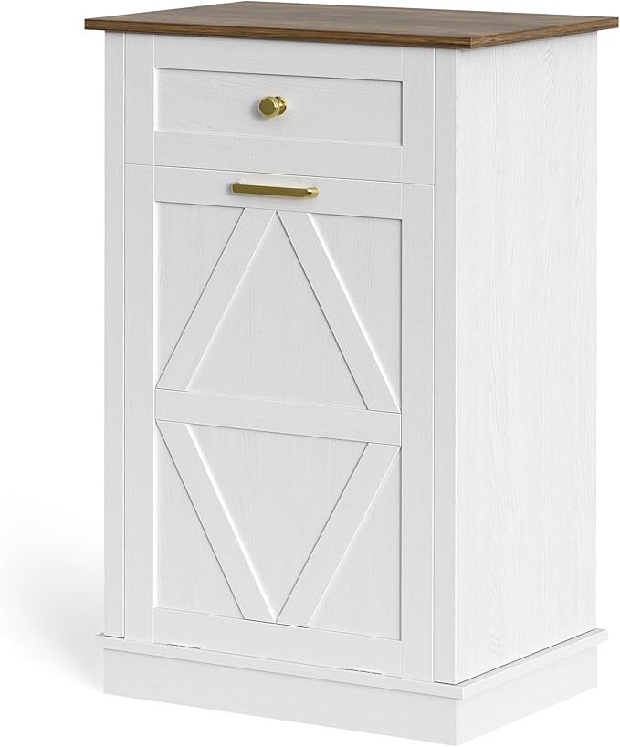 YESHOMY 10 Gallon Tilt-Out Trash Cabinet, Wooden Hidden Garbage Can Holder with Storage Drawers for Kitchen and Dining Room, White (2 Piece)