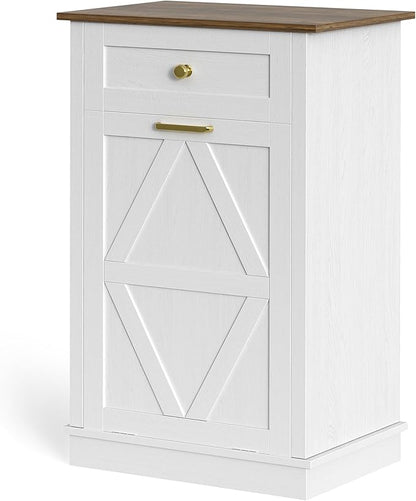 YESHOMY 10 Gallon Tilt-Out Trash Cabinet, Wooden Hidden Garbage Can Holder with Storage Drawers for Kitchen and Dining Room, White (2 Piece)