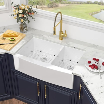 Kichae 33 White Farmhouse Sink Double Bowl - Kichae 33x21 Inch Kitchen Sink Apron Front Fireclay Ceramic Porcelain White Double Basin 60/40 Kitchen Sink