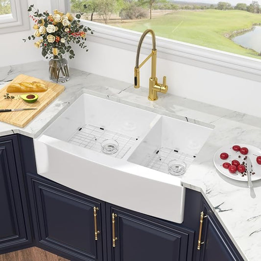 Kichae 33 White Farmhouse Sink Double Bowl - Kichae 33x21 Inch Kitchen Sink Apron Front Fireclay Ceramic Porcelain White Double Basin 60/40 Kitchen Sink