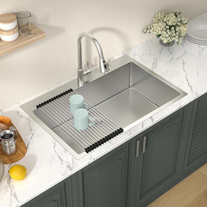 Lordear 33 Inch Drop in Kitchen Sink 33 x 22 Topmount Sink 16 Gauge Stainless Steel Single Bowl Deep Sink with Drain Strainer