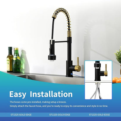 GIMILI Black and Gold Kitchen Faucet with Pull Down Sprayer Single Hole Stainless Steel LED Faucet, Suitable for Farmhouses, RV, Laundry Room, Outdoor, and Campers. Llave para fregadero de cocina