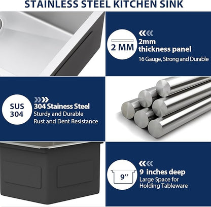 Lordear 12 Inch Undermount Bar Sink Workstation 16 Gauge T304 12 x 15 Stainless Steel Bar Kitchen Prep Single Bowl Small Kitchen Sink with Cutting Board