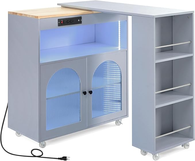 Rolling Kitchen Island with Extended Table and Power Outlets 2 Fluted Glass Doors Storage Compartment 3 Side Open Shelves Practical(Gray)