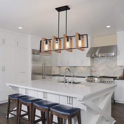 Dining Room Light Fixture Farmhouse Pendant Lights Kitchen Island Rustic Kitchen Light Fixtures 4 Lights Wood and Black Metal Rectangular Chandelier Ceiling Hanging Lighting 35.4"