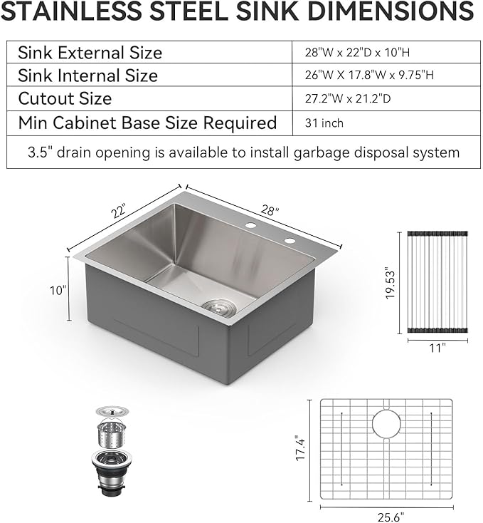Lordear 28 Drop In Kitchen Sink 28 x 22 Kitchen Sinks Single Bowl Drop In Stainless Steel 16 Gauge R10 Tight Radius Topmount Kitchen Sink
