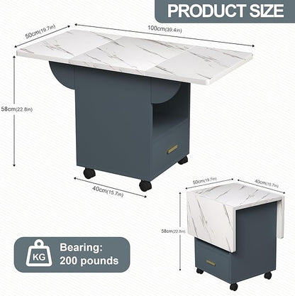 Versatile Folding Dining Table with 360-Degree Casters, Space-Saving Movable Kitchen Table with Storage Rack and Drawer