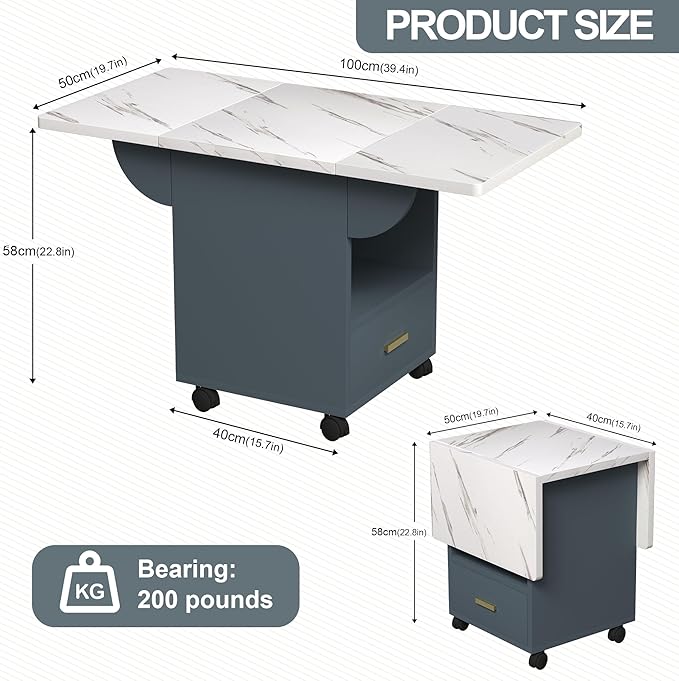 Wood Folding Dining Table with Wheels Convertible Space Saving Kitchen Island Desk Extendable Mobile Drop Leaf Console Workstation Storage Shelves Drawer Engineered Marble Texture Top Multifunction