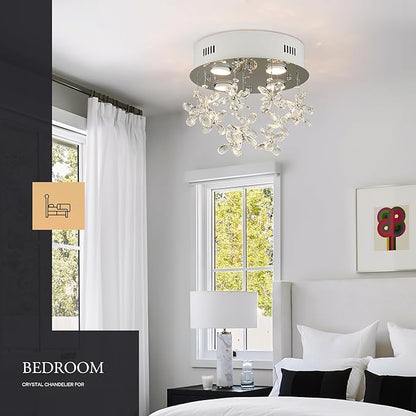 4-Lights Modern Chandelier K9 Crystal Lighting Fixture,11.8 Inch Round Silver Stainless Steel Flush Mount Ceiling Lights for Bedroom Foyer Hallway Dining Room,GU10 Bulbs Include