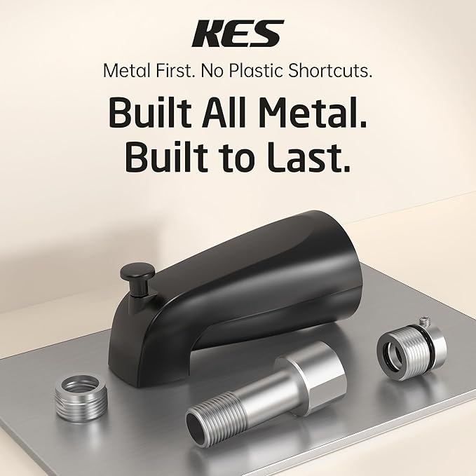 KES Leakproof All Metal Tub Spout with Diverter, 5-3/8" Bathtub Faucet Replacement with 18/8 Stainless Steel Extension Nipple, Universal Fit 3/4″, 1/2″ IPS & 1/2″ Copper Pipe, Matte Black, PTSN301-BK