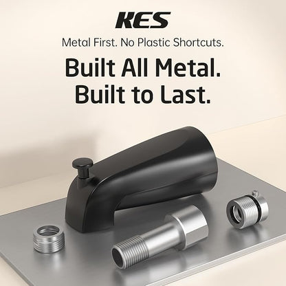 KES Leakproof All Metal Tub Spout with Diverter, 5-3/8" Bathtub Faucet Replacement with 18/8 Stainless Steel Extension Nipple, Universal Fit 3/4″, 1/2″ IPS & 1/2″ Copper Pipe, Matte Black, PTSN301-BK