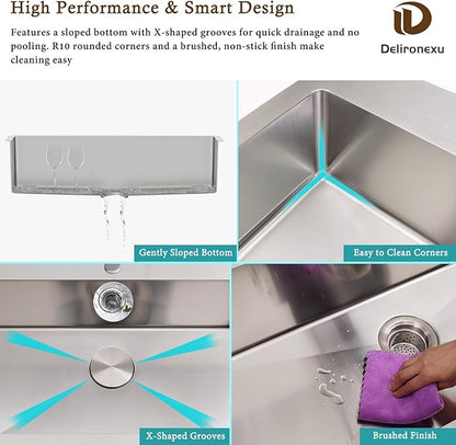25x22 Drop In Kitchen Sink – Delironexu 18 Gauge Stainless Steel Kitchen Sink, 25 Inch Top Mount Kitchen Sink with Brushed Finish, 6 Inch Deep Single Bowl Kitchen Sinks for RV, Prep, and Outdoor Use
