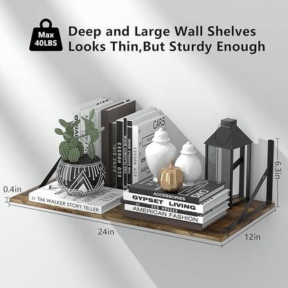 Deep Floating Shelves for Wall Set of 3, 24W x 12 Inch Deep Floating Shelves, Wide Floating Wall Mounted Shelves for Living Room, Kitchen, Office, Bedroom, Bathroom, Laundry Room