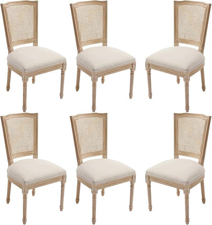 Farmhouse Vintage Dining Chairs Set of 6, Linen Fabric Dining Chairs with Square Rattan Backrest, Kitchen & Dining Room Chairs for Restaurant/Living Room (Beige-Rattan, Set of 6)