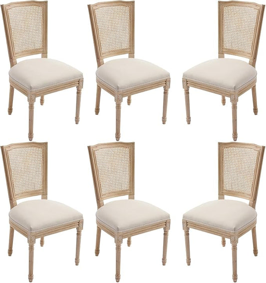 Farmhouse Vintage Dining Chairs Set of 6, Linen Fabric Dining Chairs with Square Rattan Backrest, Kitchen & Dining Room Chairs for Restaurant/Living Room (Beige-Rattan, Set of 6)