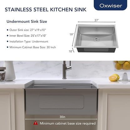 27 Inch Undermount Kitchen Sink 16 Gauge Stainless Steel Ledge Workstation Sink Round Corners Deep Single Bowl Kitchen Sinks with Accessories 27"x19"x10"
