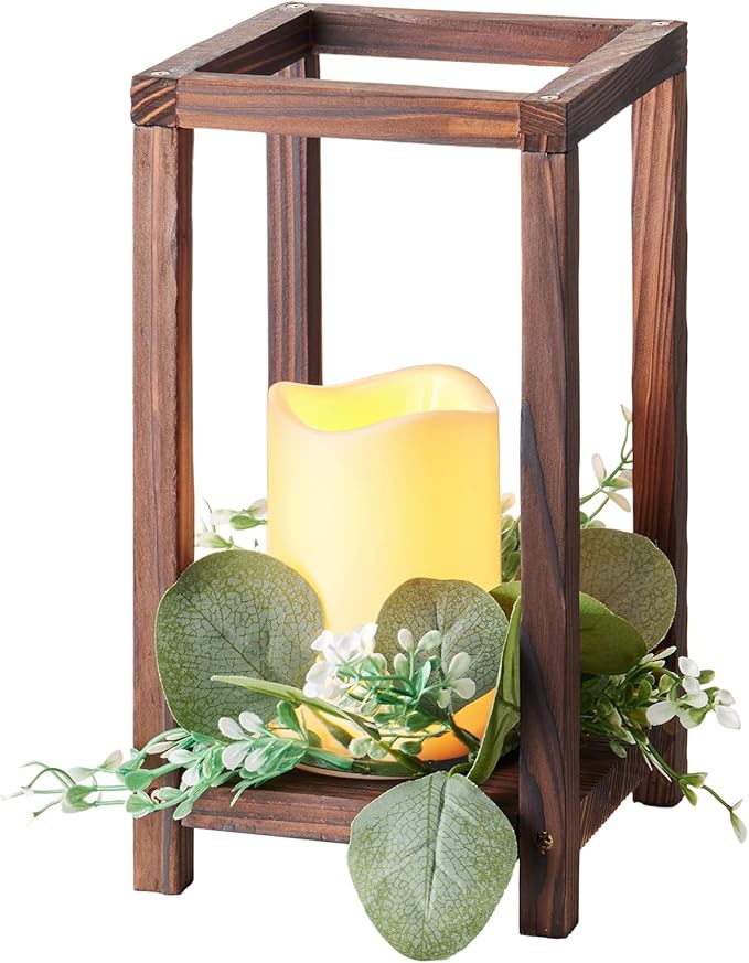 VEVOR 12 Set/36 Pcs Wooden Wedding Lantern Centerpiece, Includes 12 Wooden Lantern Candle Holder 12 Flameless LED Candle 12 Eucalyptus Leaves Wreath for Wedding Table Party Farmhouse Decor, Brown
