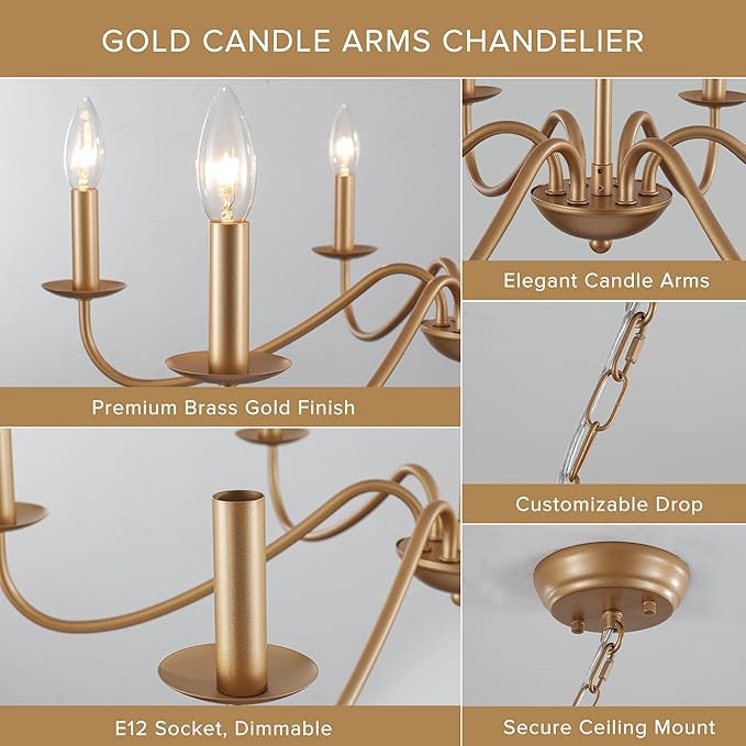 6-Light Gold Chandelier, 27.5'' Modern Farmhouse Dining Room Light Fixture Over Table, Rustic Vintage Candle Chandeliers Gold Hanging Lighting Fixtures for Foyer Entryway Living Room Bedroom Kitchen