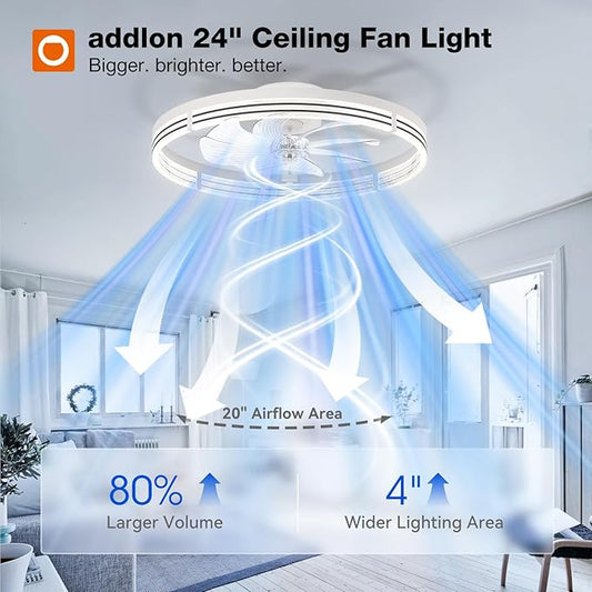 addlon Ceiling Fans with Lights and Remote, 24'' Low Profile Ceiling Fans, 3000-6000K Dimmable Modern Flush Mount LED Fan Light, Fandelier Ceiling Fan for Bedroom, Kitchen, Living Room, White