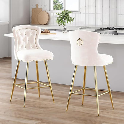 Stools Set of 2, Velvet Counter Height Stools with Metal Legs, Button Tufted and Nailheads Trim, Wing-Back Chairs for Kitchen Island Dining Room Pub, Beige