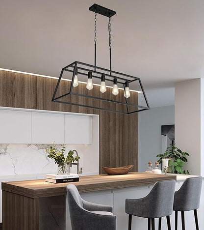 Black 5-Light Farmhouse Kitchen Island Lighting, Modern Industrial Linear Rectangle Chandelier Pendant Light Fixtures, Metal Vintage Cage Chandelier for Dining Room Kitchen Bar Foyer, E26 Base