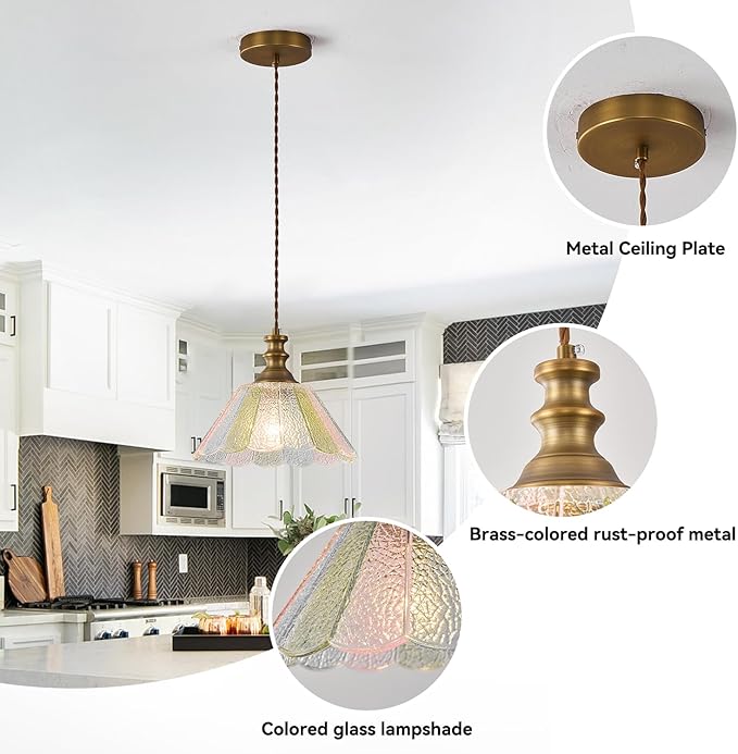 10.62-inch Hanging Light Fixture for Kitchen, Single-Light Island Pendant with Painted Glass Shade and Brass Finish, E26 Socket, Kitchen Island Pendant Light (Bulb not Included)