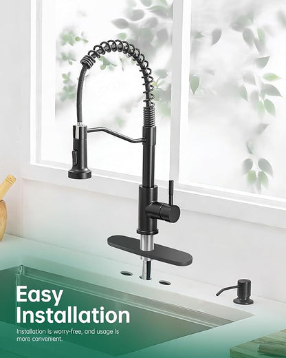 AIMADI Black Kitchen Faucet with Soap Dispenser and Pull Down Sprayer, Matte Black Commercial Spring Single Handle Stainless Steel Sink Faucet for Farmhouse Camper Laundry Rv Bar