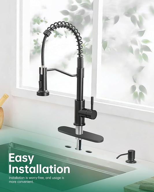 AIMADI Black Kitchen Faucet with Soap Dispenser and Pull Down Sprayer, Matte Black Commercial Spring Single Handle Stainless Steel Sink Faucet for Farmhouse Camper Laundry Rv Bar