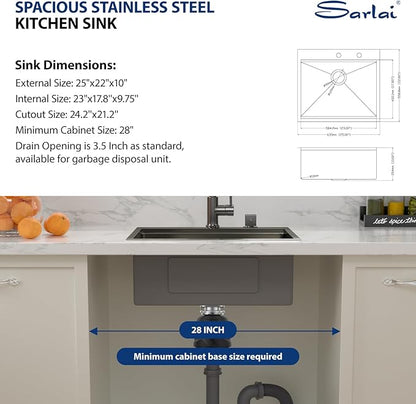 25 Black Drop Kitchen Sink - Sarlai 25 x 22 Inch Kitchen Sink Topmount Ledge Workstation Gunmetal Black Stainless Steel 16 Gauge Single Bowl Over Counter Utility Laundry Sinks Basin