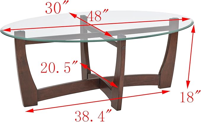48" Oval Coffee Tables, Modern Center Table with Tempered Glass Tabletop Cross and Solid Wood Base, Small Space Coffee Table for Living Room Cherry