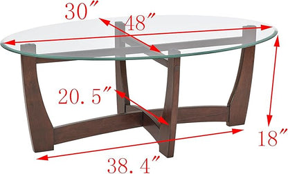 48" Oval Coffee Tables, Modern Center Table with Tempered Glass Tabletop Cross and Solid Wood Base, Small Space Coffee Table for Living Room Cherry