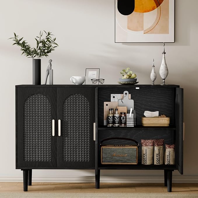 Large Sideboard Buffet Cabinet with Storage, Modern Credenza Buffet Table Coffee Bar Wine Bar Storage Cabinet with Artistic Carved Handle for Dining Room Living Room, (Black)