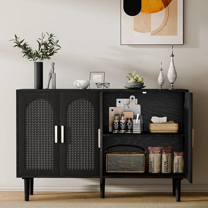 Large Sideboard Buffet Cabinet with Storage, Modern Credenza Buffet Table Coffee Bar Wine Bar Storage Cabinet with Artistic Carved Handle for Dining Room Living Room, (Black)