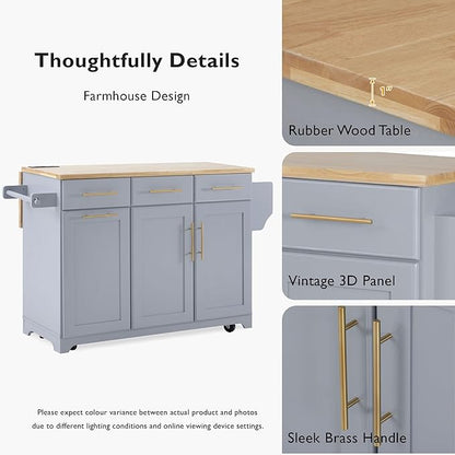 Merax 59.3" Grey Blue Kitchen Island with Storage, 2 Pull Out Cabinet Organizers & Rubber Wood Drop Leaf, Rolling Island Table with Trash Can Storage, Power Outlet, Spice Rack for Kitchen Dining