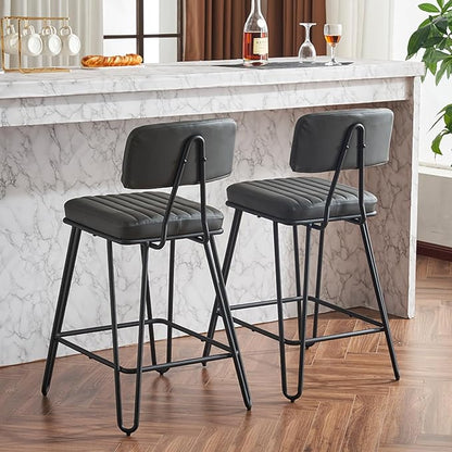 Industrial Stools Set of 2 Fabric+Metal Grey Vintage Industrial Design Kitchen Island & Dining Room Seating Durable & Comfortable